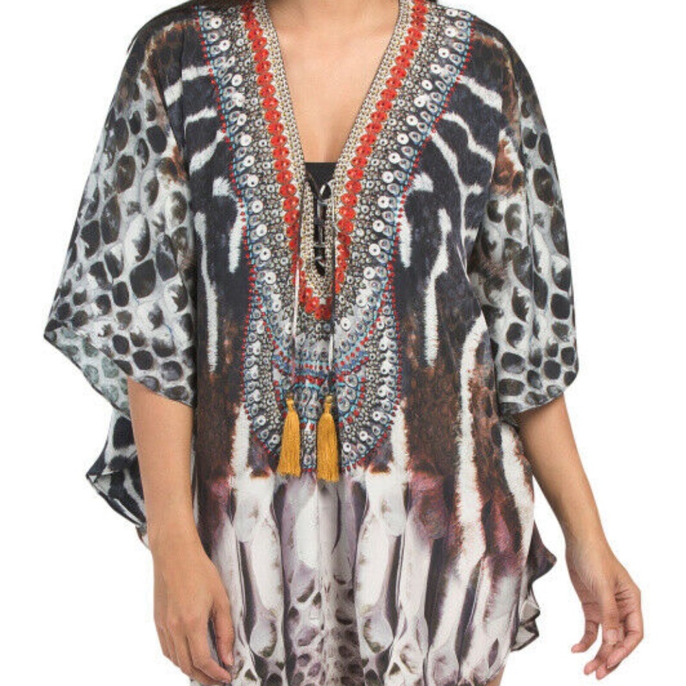 NWT~TRUE COLOURS La Moda Clothing Kaftan with Crystals Swim Cover Up Tunic ~OS